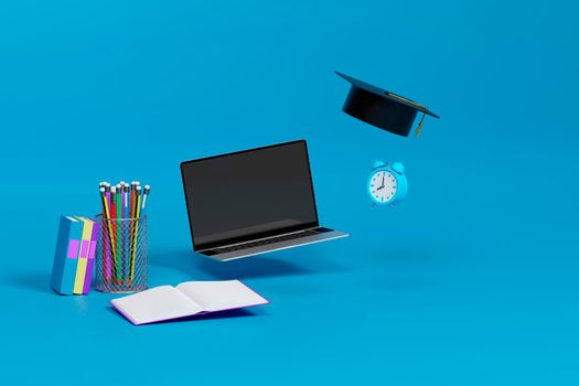 school supplies with laptop and alarm clock floating in the air. concept of education, stress, study and learning. 3d illustration
