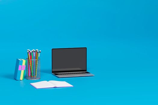 school supplies with laptop and alarm clock floating in the air. concept of education, stress, study and learning. 3d illustration
