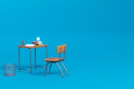 School desk with school accessory on the table on blue background. 3D Illustration