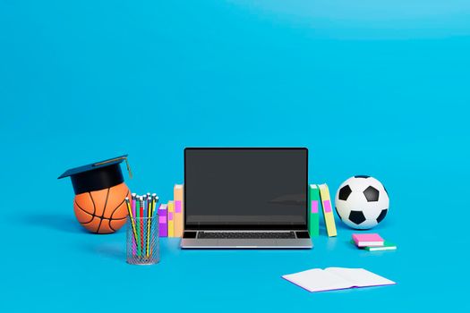 Education online concept, Laptop with education and sport supplies, 3d render