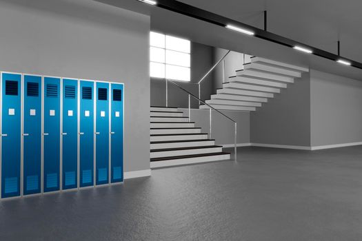 Light school hallway interior with copyspace. 3d illustration