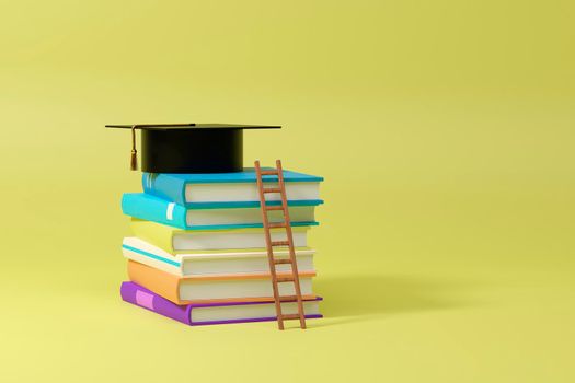 3D Rendering of Graduation Cap, Books and staircase on blue background. Realistic 3d shapes. Education concept. Efforts to complete the study.