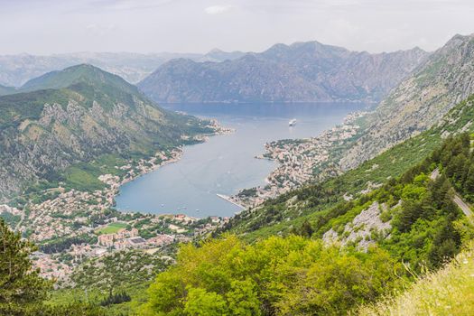 Beautiful nature mountains landscape. Kotor bay, Montenegro. Views of the Boka Bay, with the cities of Kotor and Tivat with the top of the mountain, Montenegro.