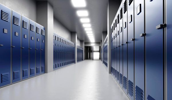 Long school corridor with blue lockers , 3d render