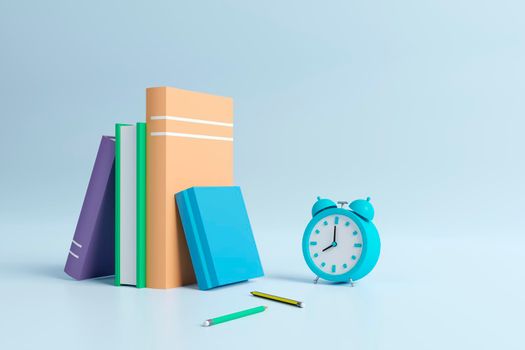 Online education, E-learning concept. stack of books, bookshelf. 3d illustration