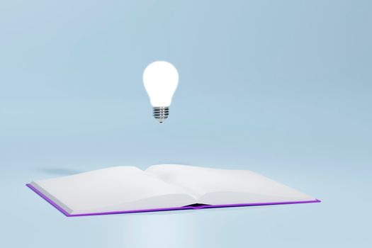 White light bulb floating from open book on blue background. minimal design. 3d illustration