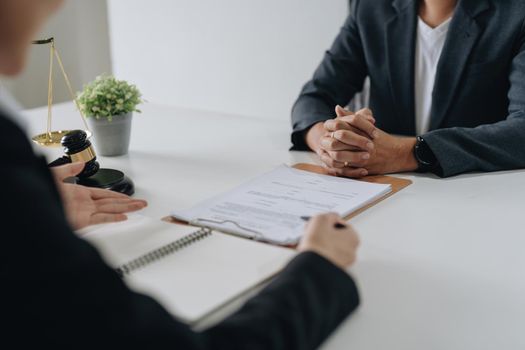 Good service cooperation, Consultation of Businesswoman and Male lawyer or judge counselor having team meeting with client, Law and Legal services concept