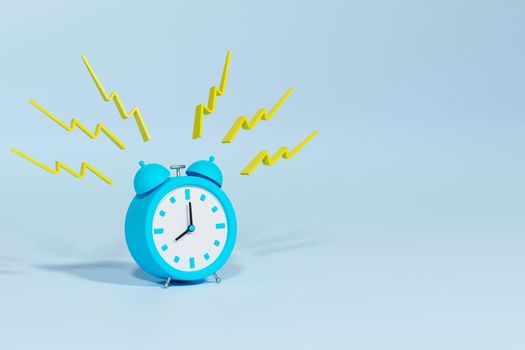 Blue vintage ringing alarm clock on bright blue background. Modern design, 3d illustration.