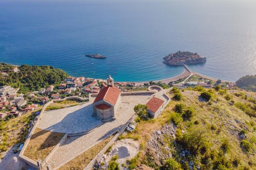 The Church of St. Sava in Montenegro, near the island of Sveti Stefan near Budwa. Drone view. Location: church St. Sava, Montenegro, Balkans, Adriatic sea, Europe.