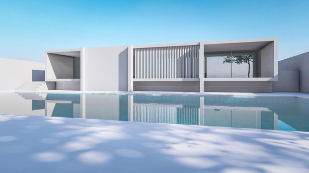 3D rendering illustration of modern house with swimming pool