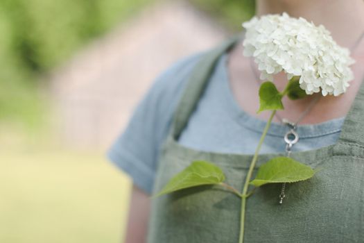 young woman in apron holding flowers in the garden in summer. gardening and profession concept