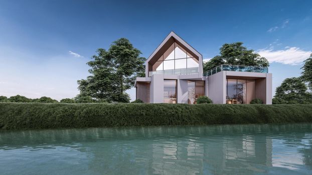 3D rendering illustration of modern house with a waterfront view