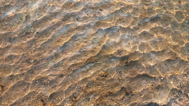 Top view on colorful pebbles covered by water. Close up view of smooth round pebble stones on the beach.