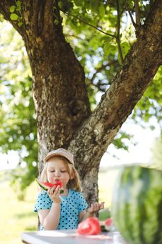 cute little girl eating watermelon outdoors in summertime. Child and watermelon in summer