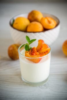 Healthy breakfast of homemade yogurt in a glass with fresh apricots on the table.