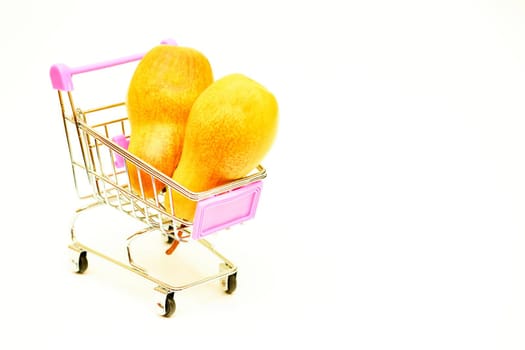 Isolated shopping cart for folding groceries on white background. High quality photo. The action or activity of purchasing goods from stores.