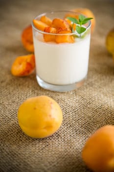 Healthy breakfast of homemade yogurt in a glass with fresh apricots on the table.