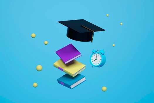 minimalist yellow balls, books and graduation cap floating in the air on blue background. 3d illustration