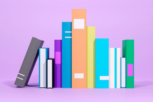Online education, E-learning concept. stack of books, bookshelf. 3d illustration