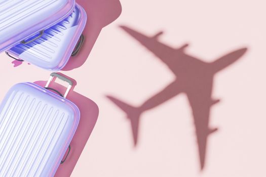 3D illustration of flying aircraft shade near violet suitcases during summer vacation against pink background