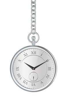 Front view of silver pocket watch with chain, isolated on white background