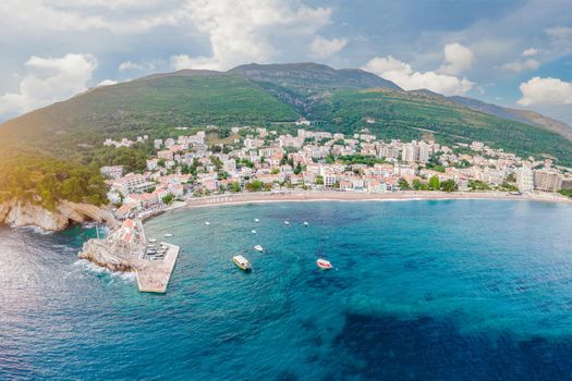 Aerial view of the small town Petrovac, Montenegro and Lucice beach.