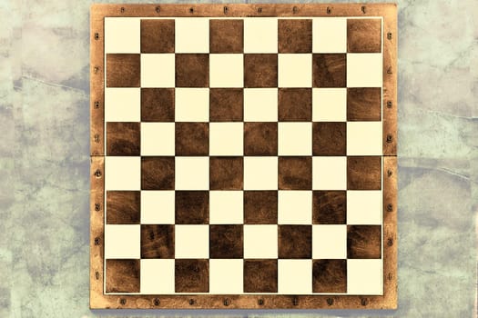 a square board divided into sixty-four alternating dark and light squares, used for playing chess or checkers