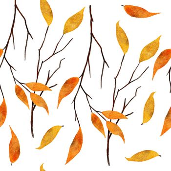 Seamless watercolor hand drawn pattern with yellow orange leaves thin tree branches. Fall autumn september october background. Elegant fabric print on white