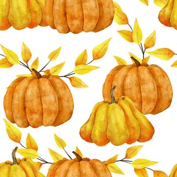 Watercolor hand drawn seamless pattern with yellow pumpkins and leaves, fall autumn background. Thanksgiving Halloween harvest farm cottage fabric print