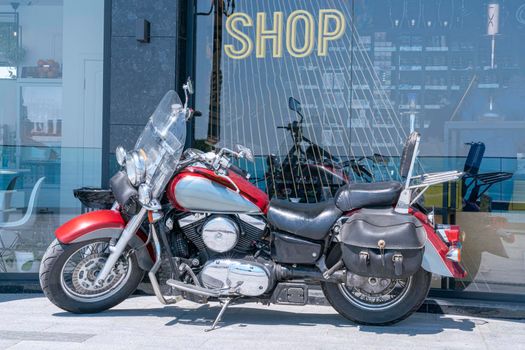 motorcycle in the parking lot at the cafe. High quality photo