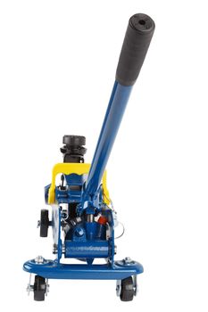 lowered blue hydraulic car jack isolated on white background, 2 ton capacity