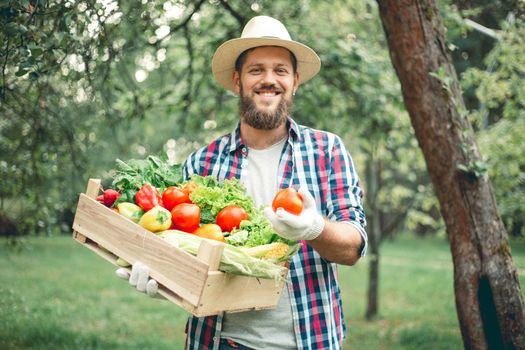 Happy smiling male farmer in hat holding box of harvest vegetable organic nutrition healthy eating concept