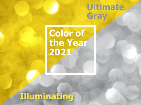Illuminating yellow - trendy color of the year 2021. Sparkling background made of Illuminating yellow and ultimate gray. Color of year 2021 blurred backdrop for holidays and parties. coy2021 concept