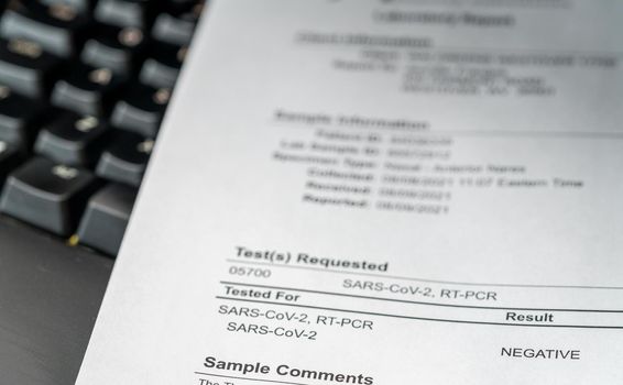 Paper printout showing a negative result for PCR test on nasal swab for SARS-CoV-2 or Covid-19