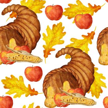 Watercolor hand drawn seamless pattern with Thanksgiving cornucopia basket horn, fruits apples pears corn oak leaves. Fall autumn harvest farm cottage backgroung, organic food print