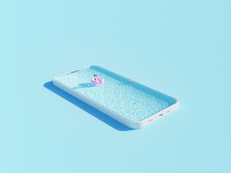 From above creative 3D rendering with pink inflatable flamingo in rippling swimming pool inside of mobile phone case against blue background