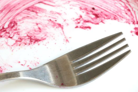 Close-up of a dirty white plate after eating
