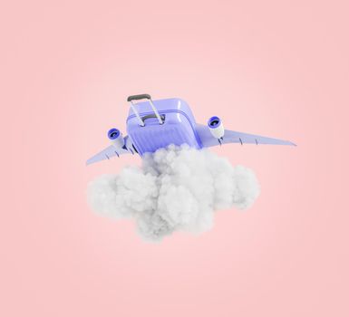 3D illustration of violet suitcase with plane wings flying over storm cloud during summer vacation against pink background