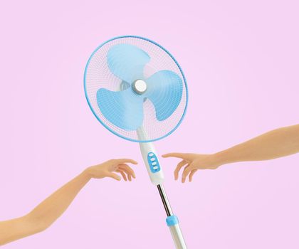 3D illustration of people outstretching arms to control buttons of fan on hot day against lilac background