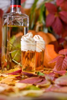 Two vodka with cream cinnamon pumpkin pie shooters in shot glasses. These drinks are easy to make and perfect for fall. Try these boozy drinks at your Halloween or Thanksgiving party