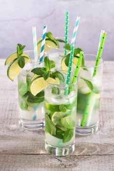      Refreshing infused water with cucumber, mint and lime. Summer drink cocktail lemonade. Healthy drink and detox concept