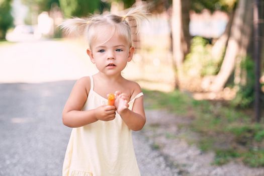 Little girl stands on a road with a carrot. High quality photo