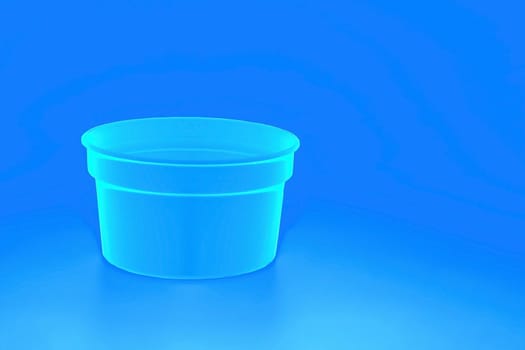 a wide mouthed cylindrical container made of glass or pottery and typically having a lid, used especially for storing product. Blue light neon plastic jar capacity of isolated on blue.