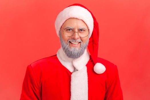 Positive elderly man with gray beard wearing santa claus costume looking at camera with toothy smile, expressing happiness, has good news. Indoor studio shot isolated on red background.