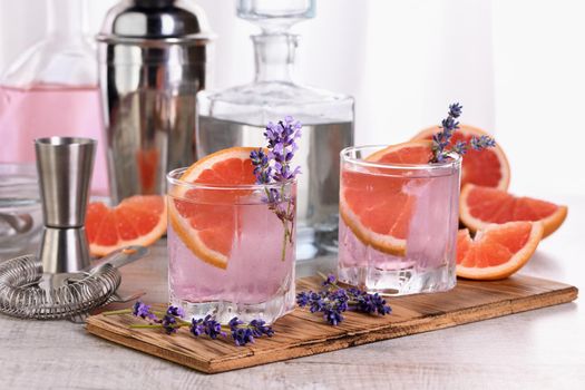 Paloma with soft delicate notes of lavender and grapefruit, very light, incredibly refreshing summer cocktail.