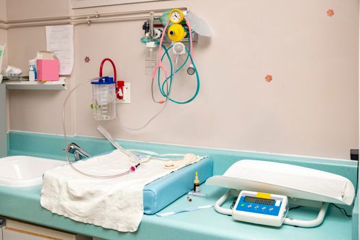 Place for resuscitation and examination of a newborn baby in the hospital