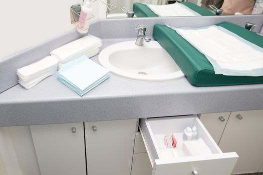 Chamber in the maternity hospital with the necessary things for mother and child. Pampers, sanitary napkins, antiseptic,pads
