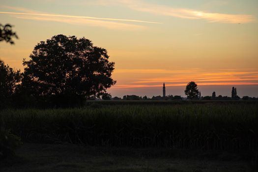 Orange sunset landscape country field scene