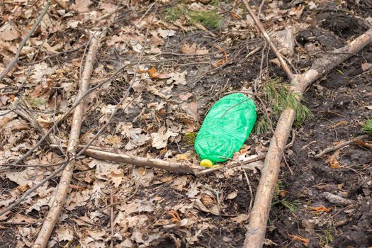 A crushed plastic green bottle left in the forest