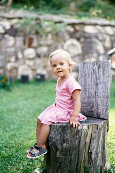 Little girl sitting on a stump in the garden. High quality photo